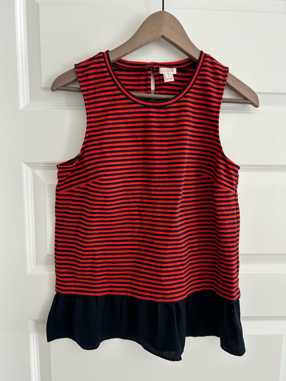 J Crew Striped Sleeveless Top Ruffle Trim Red Navy Blue Size S